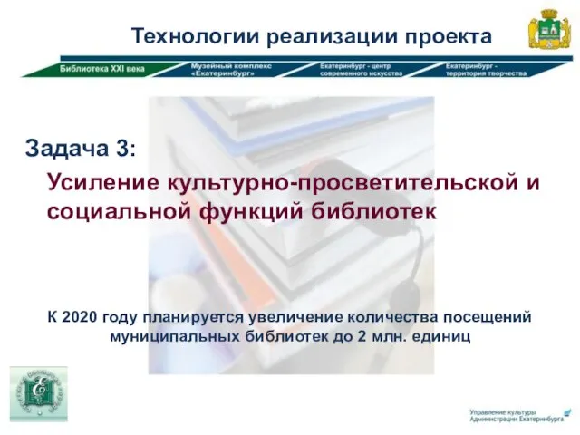 Задача 3: Усиление культурно-просветительской и социальной функций библиотек Технологии реализации проекта