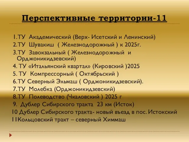 Перспективные территории-11 1.ТУ Академический (Верх- Исетский и Ленинский) 2.ТУ Шувакиш (