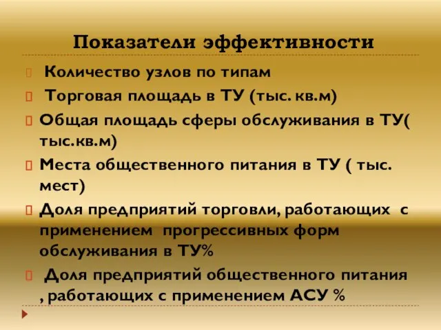 Показатели эффективности Количество узлов по типам Торговая площадь в ТУ (тыс.