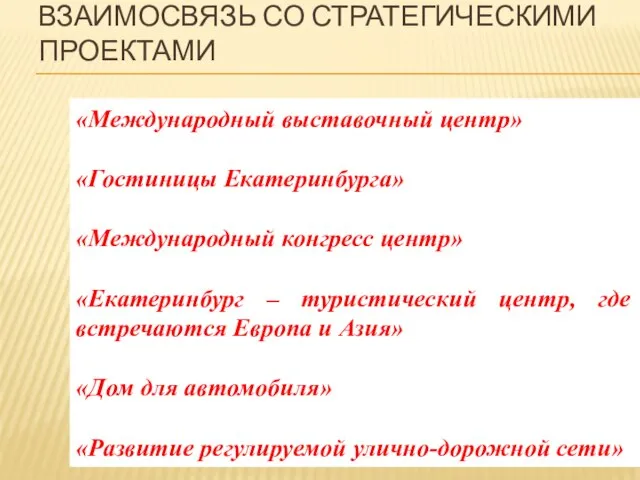 ВЗАИМОСВЯЗЬ СО СТРАТЕГИЧЕСКИМИ ПРОЕКТАМИ «Международный выставочный центр» «Гостиницы Екатеринбурга» «Международный конгресс