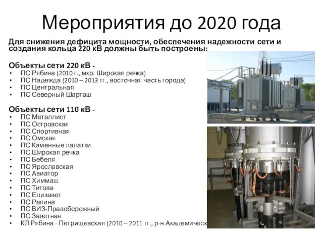 Мероприятия до 2020 года Для снижения дефицита мощности, обеспечения надежности сети