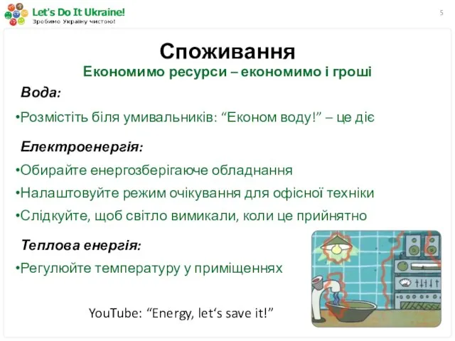 Споживання Економимо ресурси – економимо і гроші Вода: Розмістіть біля умивальників: