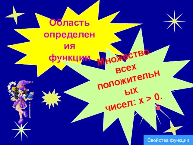 Область определения функции ? Множество всех положительных чисел: х > 0. Свойства функции