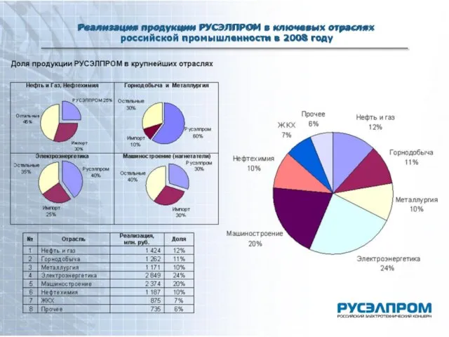 Реализация продукции РУСЭЛПРОМ в ключевых отраслях российской промышленности в 2008 году