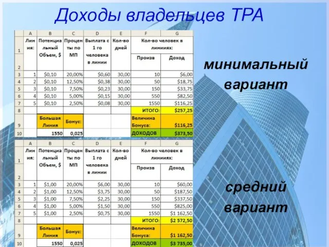 Доходы владельцев ТРА минимальный вариант средний вариант