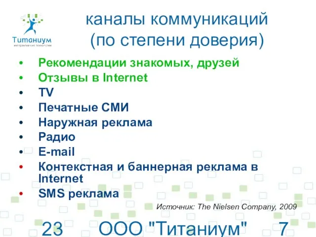 23 июня 2010 г. ООО "Титаниум"© www.titanium.net.ua каналы коммуникаций (по степени