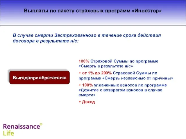 Выплаты по пакету страховых программ «Инвестор» Выгодоприобретателю 100% Страховой Суммы по