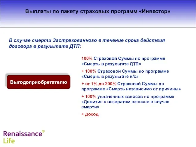 Выплаты по пакету страховых программ «Инвестор» Выгодоприобретателю 100% Страховой Суммы по