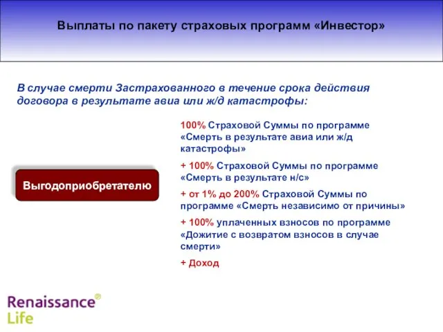 Выплаты по пакету страховых программ «Инвестор» Выгодоприобретателю 100% Страховой Суммы по