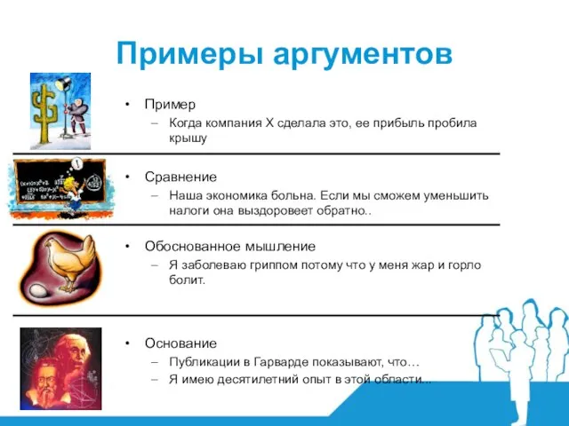 Примеры аргументов Пример Когда компания X сделала это, ее прибыль пробила