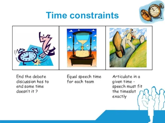 Time constraints End the debate discussion has to end some time