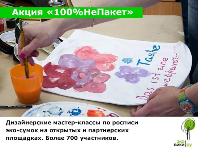 Акция «100%НеПакет» Дизайнерские мастер-классы по росписи эко-сумок на открытых и партнерских площадках. Более 700 участников.