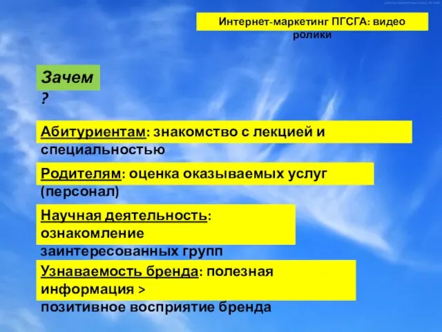 Интернет-маркетинг ПГСГА: видео ролики Зачем? Абитуриентам: знакомство с лекцией и специальностью