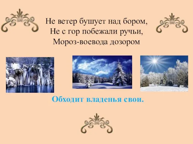 Не ветер бушует над бором, Не с гор побежали ручьи, Мороз-воевода дозором Обходит владенья свои.