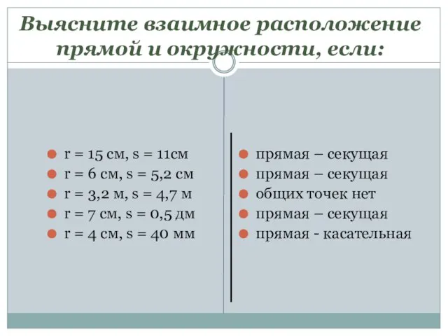 Выясните взаимное расположение прямой и окружности, если: r = 15 см,