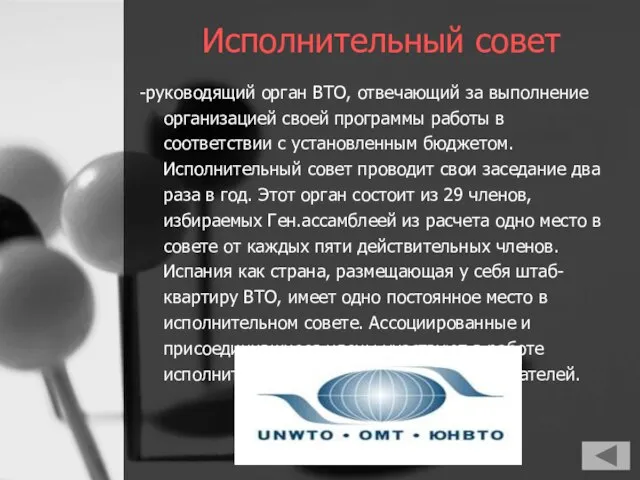 Исполнительный совет -руководящий орган ВТО, отвечающий за выполнение организацией своей программы