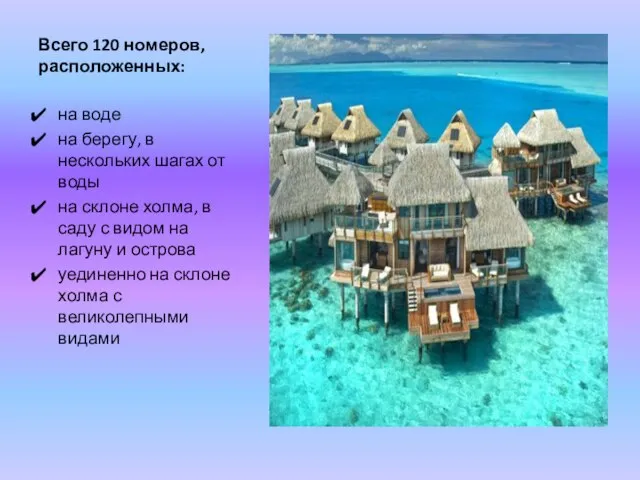 Всего 120 номеров, расположенных: на воде на берегу, в нескольких шагах