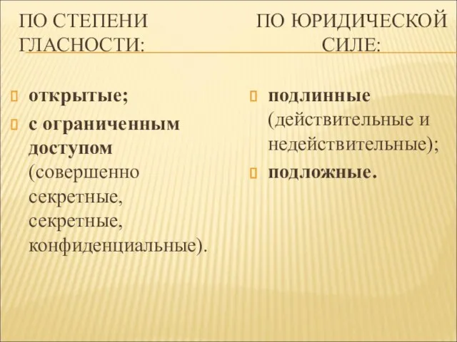 ПО СТЕПЕНИ ГЛАСНОСТИ: открытые; с ограниченным доступом (совершенно секретные, секретные, конфиденциальные).