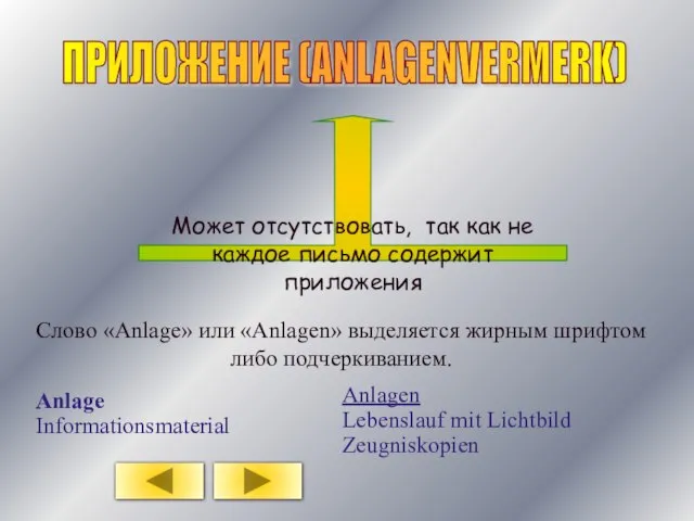 ПРИЛОЖЕНИЕ (ANLAGENVERMERK) Может отсутствовать, так как не каждое письмо содержит приложения