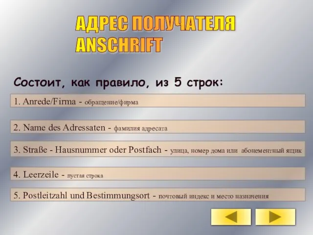 АДРЕС ПОЛУЧАТЕЛЯ ANSCHRIFT Состоит, как правило, из 5 строк: 1. Anrede/Firma