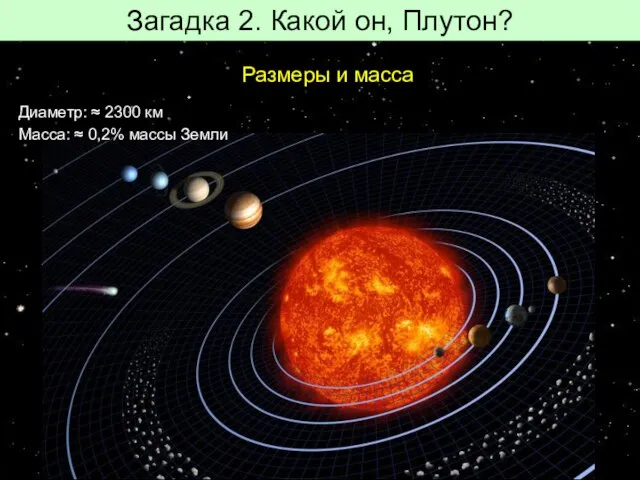 Загадка 2. Какой он, Плутон? Размеры и масса Диаметр: ≈ 2300