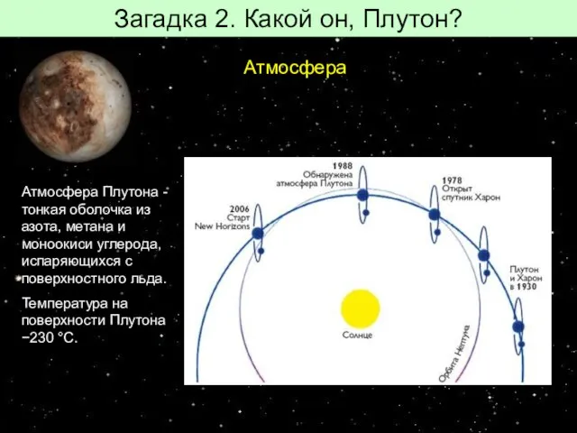 Загадка 2. Какой он, Плутон? Атмосфера Атмосфера Плутона - тонкая оболочка