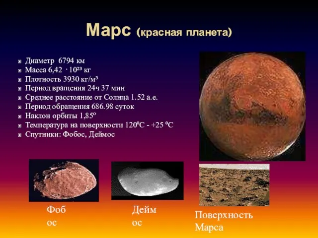 Марс (красная планета) Диаметр 6794 км Масса 6,42 · 10²³ кг