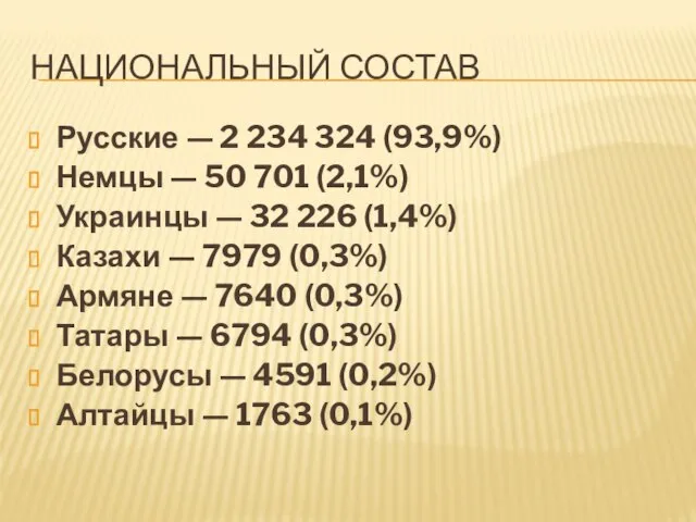 Национальный состав Русские — 2 234 324 (93,9%) Немцы — 50