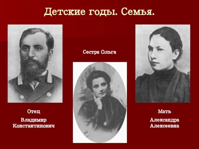 Детские годы. Семья. Отец Владимир Константинович Мать Александра Алексеевна Сестра Ольга