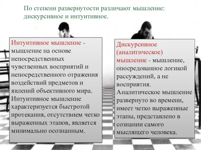 По степени развернутости различают мышление: дискурсивное и интуитивное. Дискурсивное (аналитическое) мышление