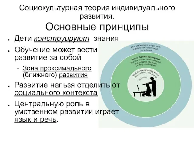 Социокультурная теория индивидуального развития. Основные принципы Дети конструируют знания Обучение может