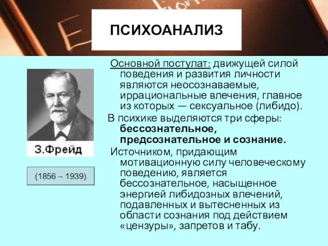 ПСИХОАНАЛИЗ Основной постулат: движущей силой поведения и развития личности являются неосознаваемые,