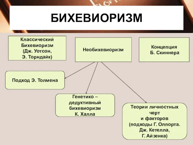 БИХЕВИОРИЗМ Классический Бихевиоризм (Дж. Уотсон, Э. Торндайк) Необихевиоризм Концепция Б. Скиннера