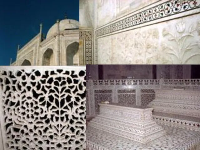 Стены Тадж-Махала выложены белым полированным мрамором с инкрустацией из самоцветов. Фантастический