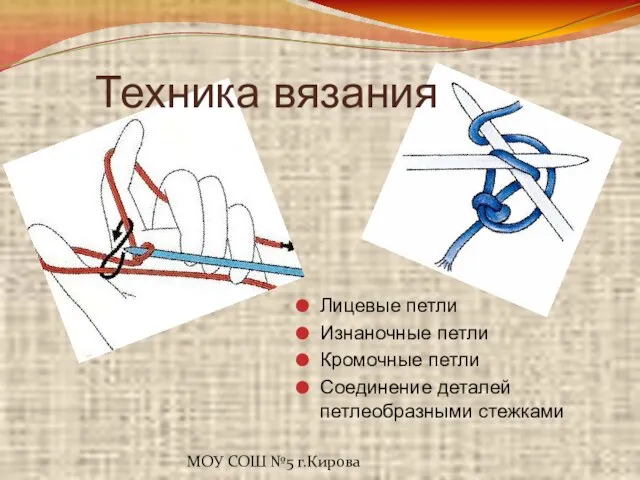 МОУ СОШ №5 г.Кирова Техника вязания Лицевые петли Изнаночные петли Кромочные петли Соединение деталей петлеобразными стежками