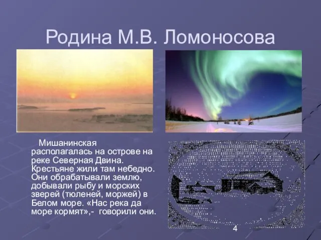 Родина М.В. Ломоносова Мишанинская располагалась на острове на реке Северная Двина.