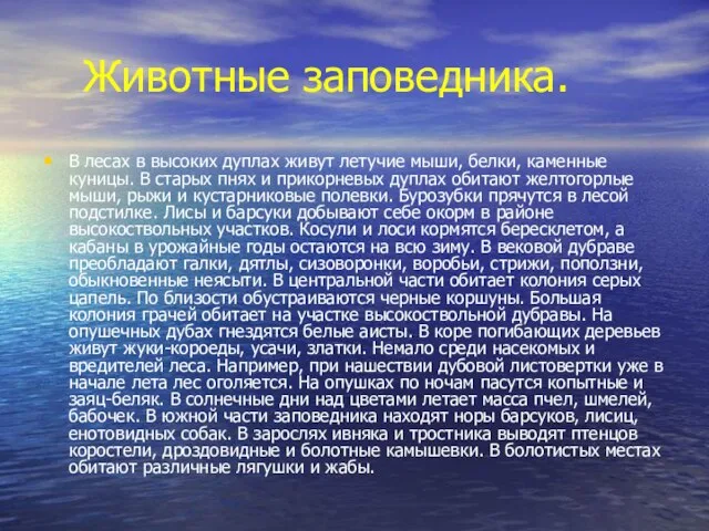 Животные заповедника. В лесах в высоких дуплах живут летучие мыши, белки,