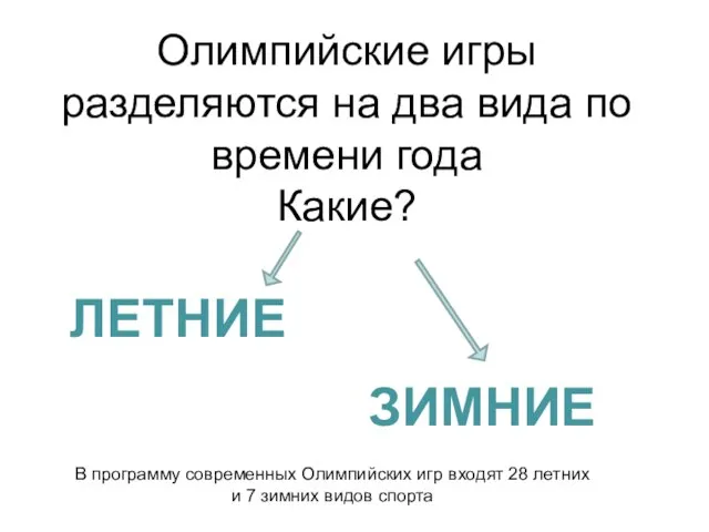 Олимпийские игры разделяются на два вида по времени года Какие? ЛЕТНИЕ