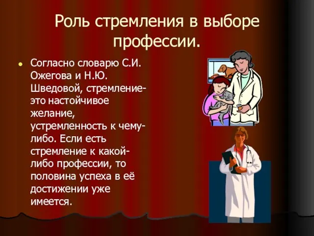 Роль стремления в выборе профессии. Согласно словарю С.И.Ожегова и Н.Ю. Шведовой,