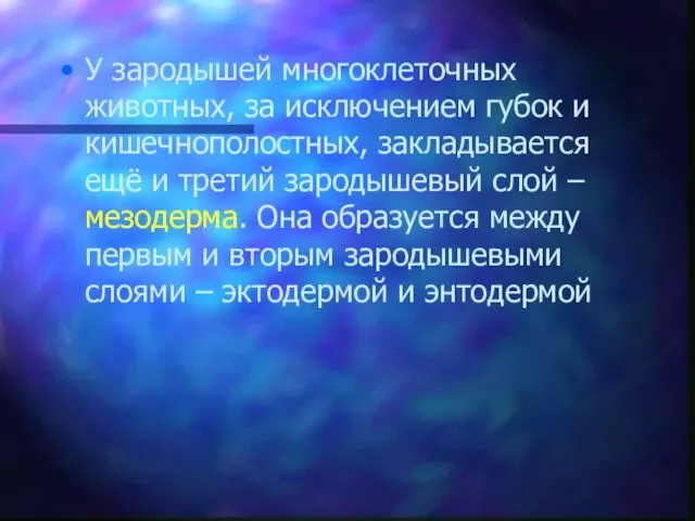 У зародышей многоклеточных животных, за исключением губок и кишечнополостных, закладывается ещё