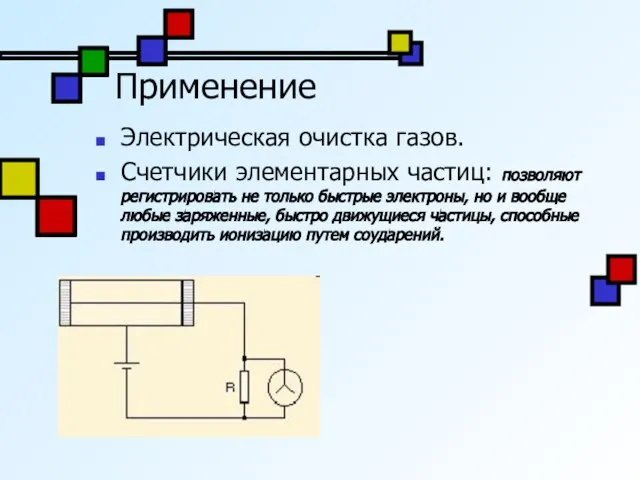 Применение Электрическая очистка газов. Счетчики элементарных частиц: позволяют регистрировать не только