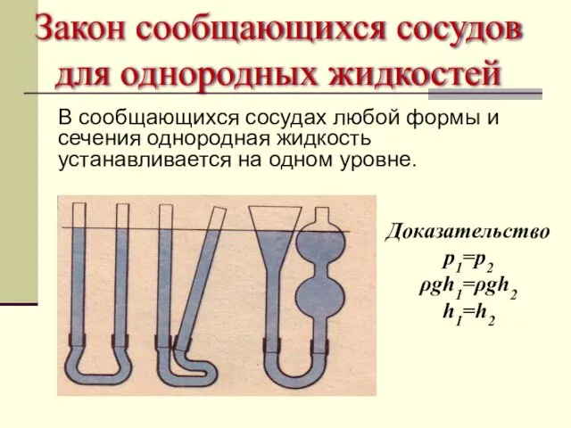 Закон сообщающихся сосудов для однородных жидкостей В сообщающихся сосудах любой формы