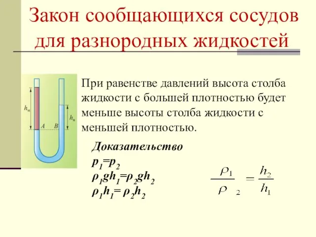 Закон сообщающихся сосудов для разнородных жидкостей При равенстве давлений высота столба