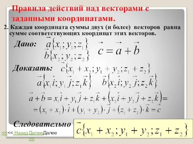 Правила действий над векторами с заданными координатами. 2. Каждая координата суммы