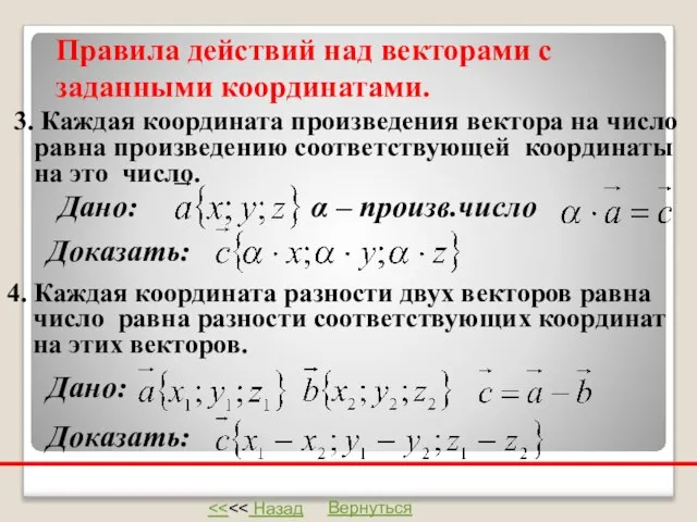 Правила действий над векторами с заданными координатами. 3. Каждая координата произведения