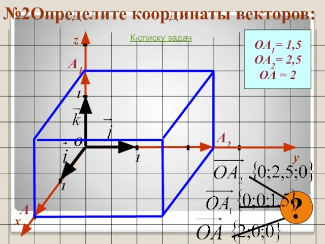 №2Определите координаты векторов: x y 1 1 1 О z ОА1=