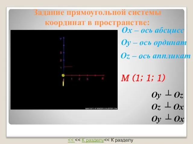 Задание прямоугольной системы координат в пространстве: > Оy ┴ Оz Оz