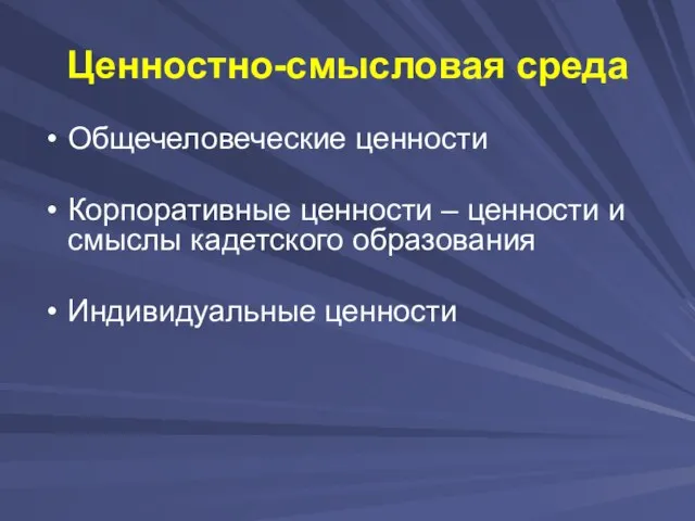 Ценностно-смысловая среда Общечеловеческие ценности Корпоративные ценности – ценности и смыслы кадетского образования Индивидуальные ценности