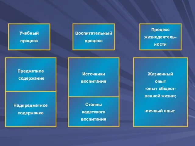 Воспитательный процесс Процесс жизнедеятель- ности Учебный процесс Предметное содержание Надпредметное содержание