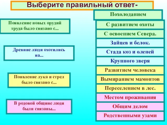 Выберите правильный ответ- Появление новых орудий труда было связано с... Древние